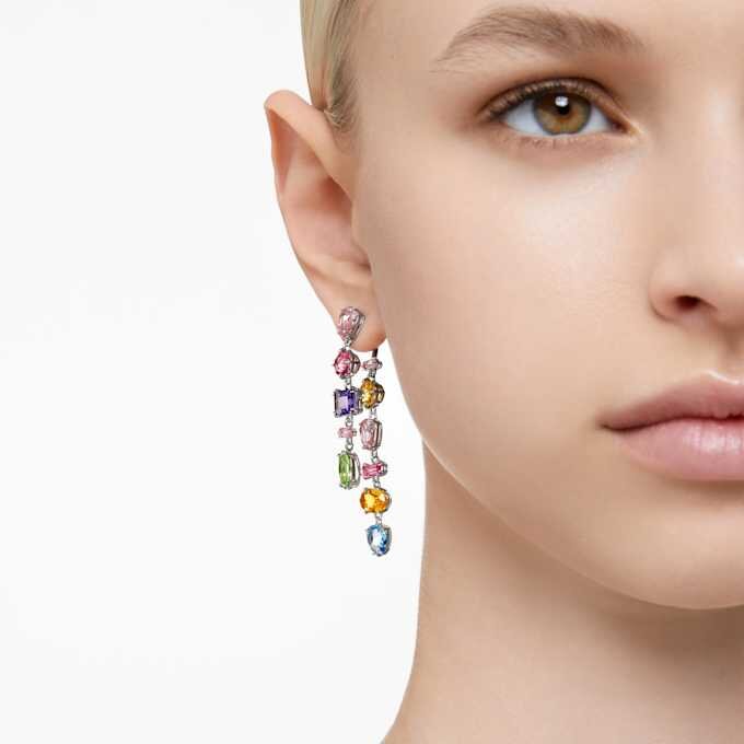 Gema Drop Earrings Asymmetrical Design, Mixed Cuts, Long, Multicolored, Rhodium Plated Gema Drop Earrings Asymmetrical Design, Mixed Cuts, Long, Multicolored, Rhodium Plated