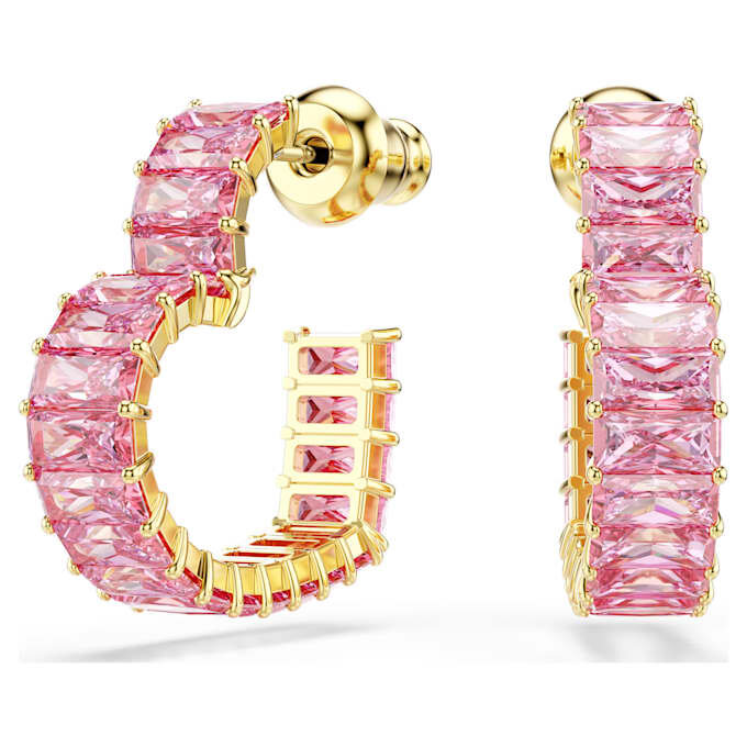 Matrix Hoop Earrings Baguette Cut, Heart, Small, Pink, Gold-Tone Plated Matrix Hoop Earrings Baguette Cut, Heart, Small, Pink, Gold-Tone Plated