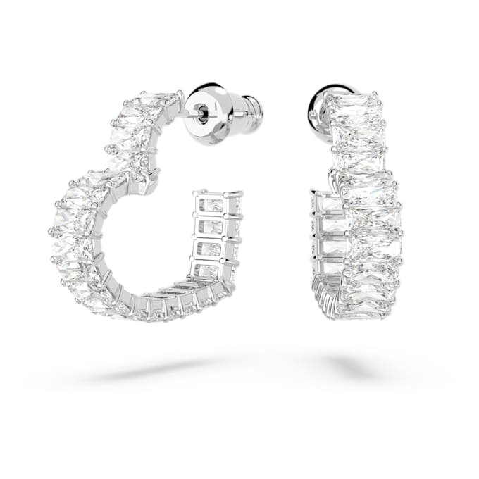 Matrix Hoop Earrings Baguette Cut, Heart, Small, White, Rhodium Plated Matrix Hoop Earrings Baguette Cut, Heart, Small, White, Rhodium Plated