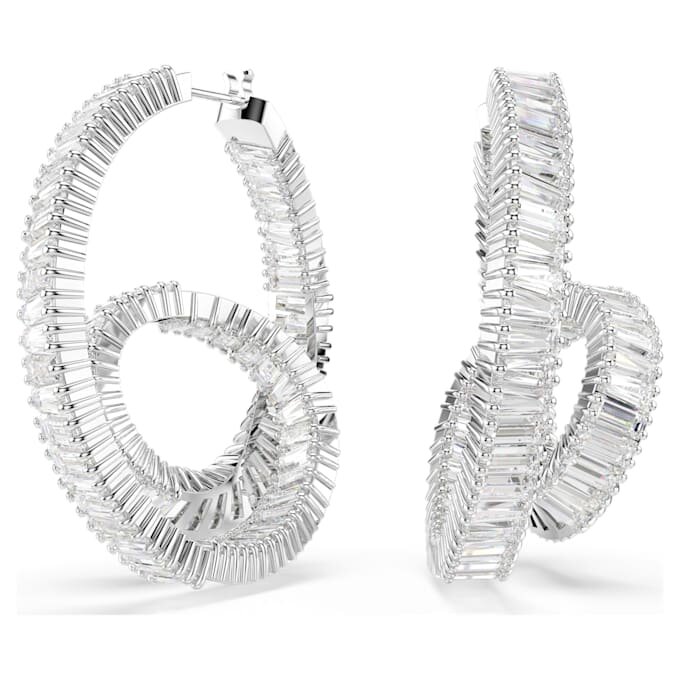 Matrix Hoop Earrings Baguette Cut, Ribbon, White, Rhodium Plated Matrix Hoop Earrings Baguette Cut, Ribbon, White, Rhodium Plated