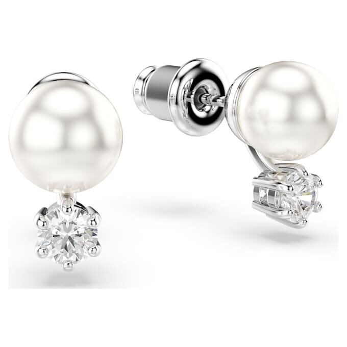Matrix Stud Earrings Crystal Pearl, Round Cut, White, Rhodium Plated Matrix Stud Earrings Crystal Pearl, Round Cut, White, Rhodium Plated