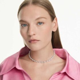 Matrix Tennis Necklace Crystal Pearl, Round Cut, White, Rhodium Plated
