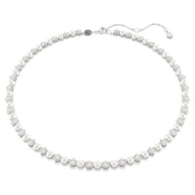 Matrix Tennis Necklace Crystal Pearl, Round Cut, White, Rhodium Plated