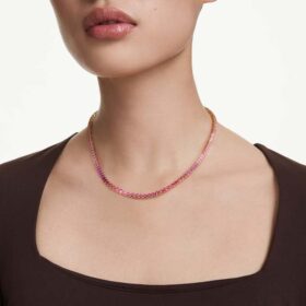 Matrix Tennis Necklace Round Cut, Pink, Gold-Tone Plated