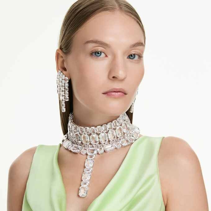 Millenia Clip Earrings Octagon Cut, Chandelier, White, Rhodium Plated Millenia Clip Earrings Octagon Cut, Chandelier, White, Rhodium Plated