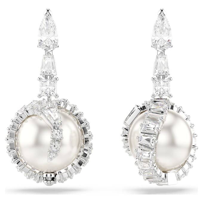 Snake Drop Earrings Crystal Pearl, Mixed Cuts, Year of the Snake, White, Rhodium Plated Snake Drop Earrings Crystal Pearl, Mixed Cuts, Year of the Snake, White, Rhodium Plated